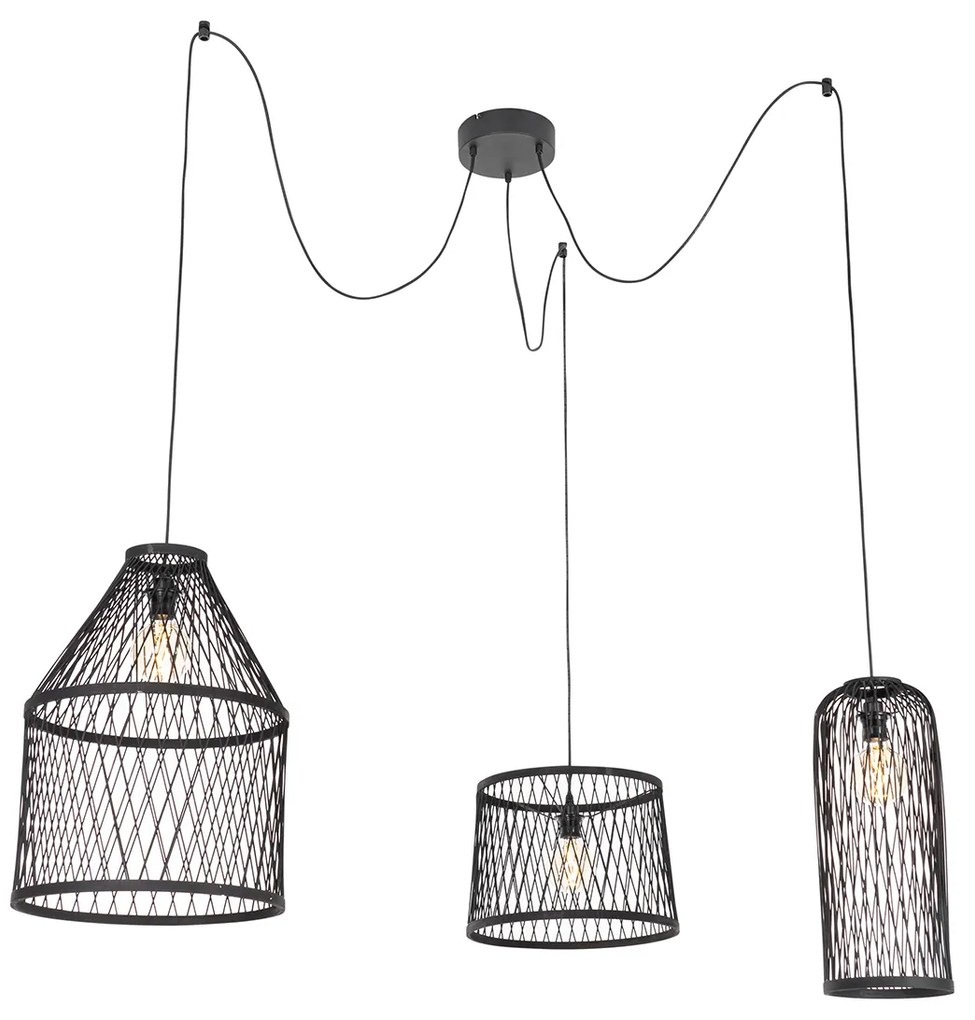 Zewnetrzna Rustykalna lampa wisząca zewnętrzna czarna rattanowa 3-światłowa - Calamus Rustykalny / Vintage Oswietlenie zewnetrzne
