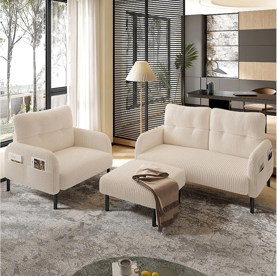 Zestaw wypoczynkowy 3-osobowy - 120 x 75 x 79 cm - z podnóżkiem + sofa 2-osobowa + fotel - Velvet - beżowy