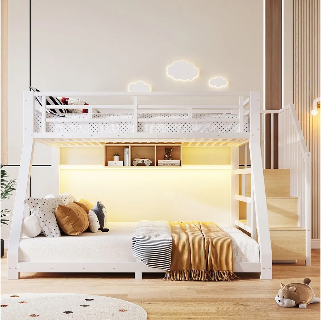 Łóżko piętrowe 90x200/140x200 cm białe metalowe, zintegrowane schody, 3 miejsca magazynowe, oświetlenie LED, bez materaca