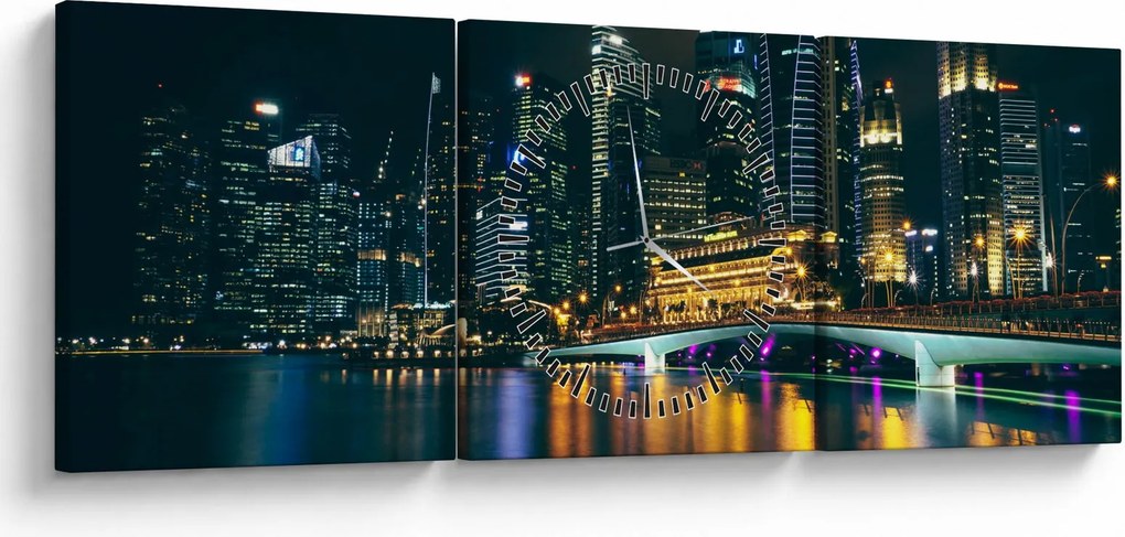 Obraz Singapuru nocą (z zegarem) (90x30 cm)
