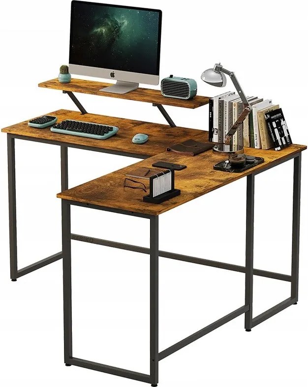 Biurko Narożne Komputerowe 130 cm z Półką – Rustykalny Brąz, Industrial Loft