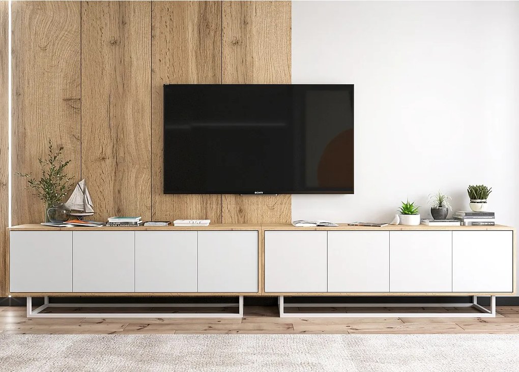 Szafka RTV z 8 drzwiami - korpus dąb wotan, fronty biały mat - 300 cm, metalowy stelaż