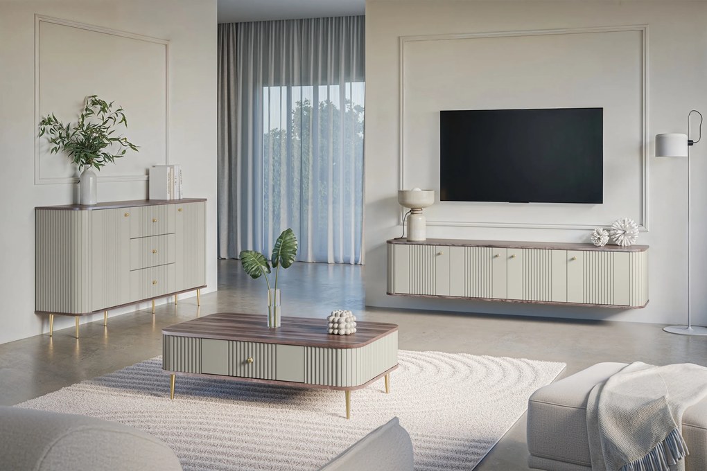 Stolik kawowy Vesper 103x60 cm z szufladą - kaszmir / orzech / złote nogi