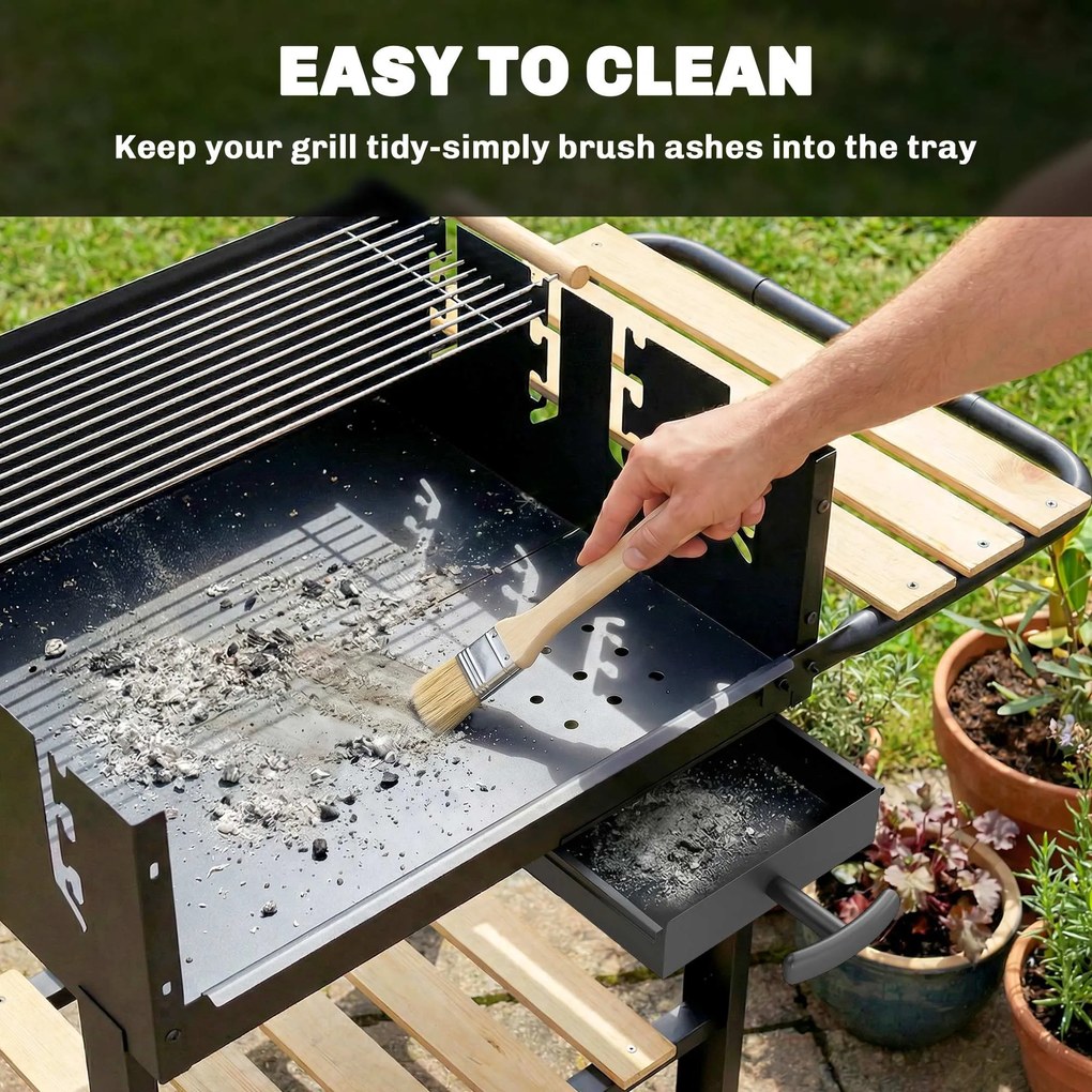 Outsunny Grill na węgiel drzewny z 4-stopniową regulacją wysokości rusztu, 2 drewniane półki, 2 kółka, tacka na popiół, 99,5 x 58 x 82 cm | Aosom PL