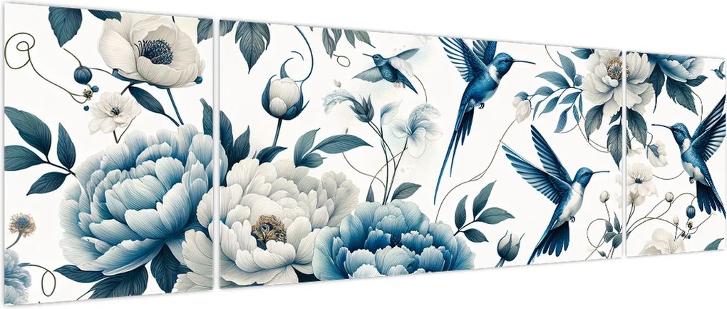 Obraz - Kolibry z kwiatami (170x50 cm)