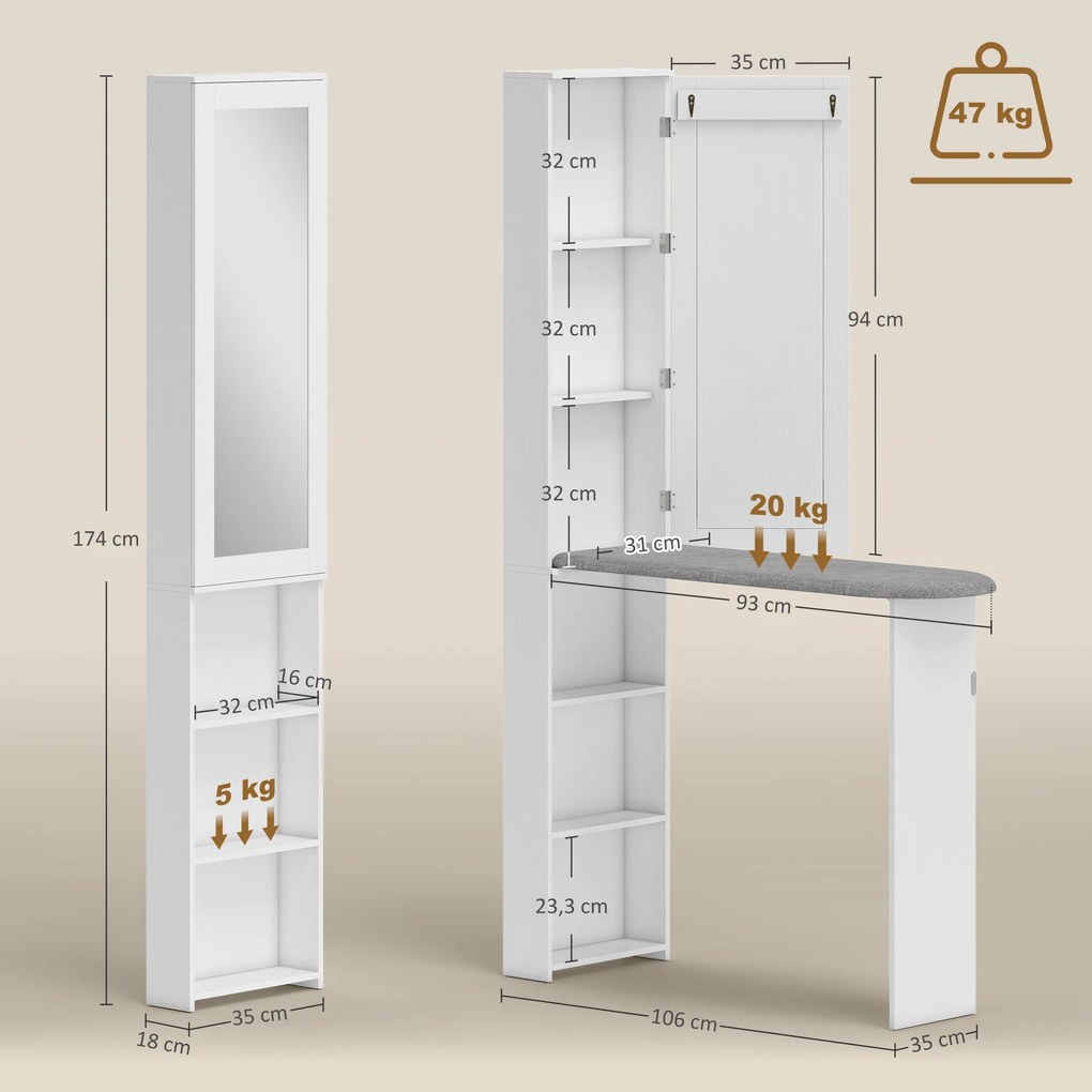 HOMCOM Składana szafka na deskę do prasowania z drzwiami, wewnętrznymi półkami, lustrem. Oszczędzająca miejsce stacja do prasowania 106x35x174 cm biała | Aosom PL