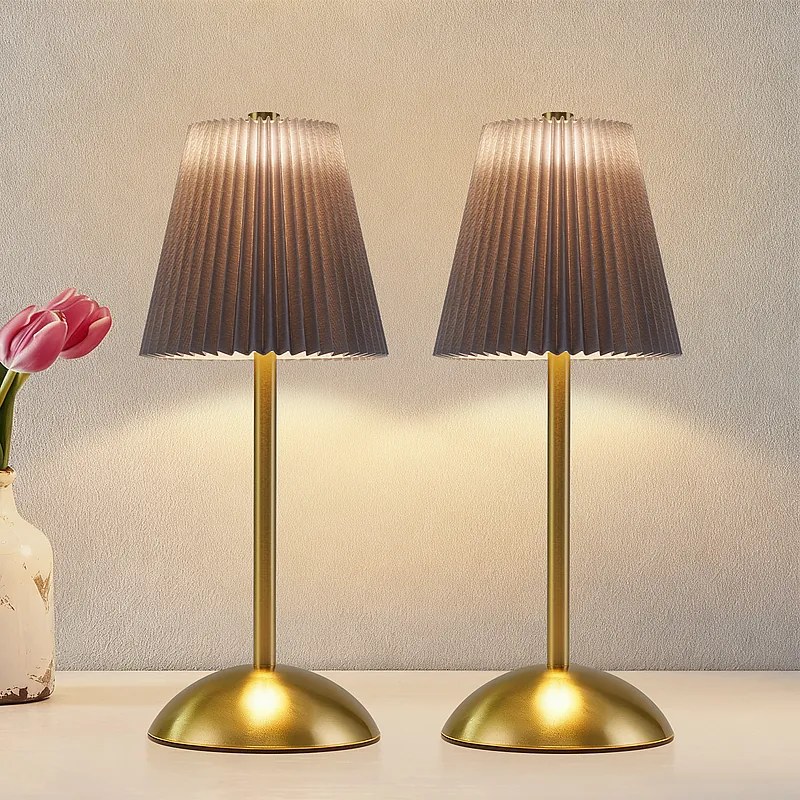 Zestaw 2 bezprzewodowych lampek stołowych Nettlife – ściemnialna lampka nocna LED z funkcją dotykową, ładowana przez USB, abażur z materiału