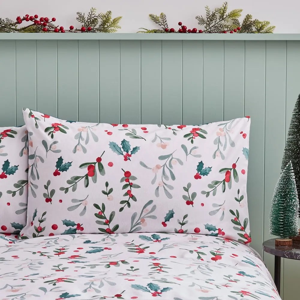 Biało-zielona flanelowa pościel dwuosobowa 200x200 cm Holly and Mistletoe – Catherine Lansfield