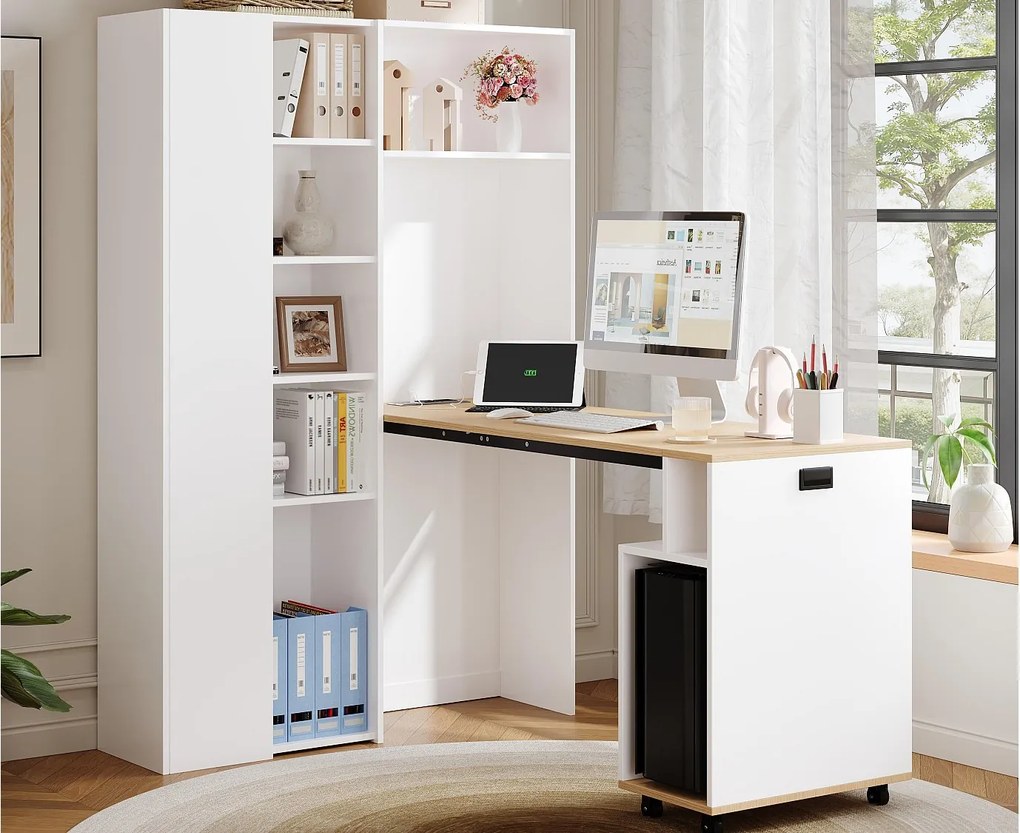 Biurko składane z wbudowanymi półkami - Biblioteczka + biurko - Gniazdko elektryczne i port USB - Regulowane półki - Biały