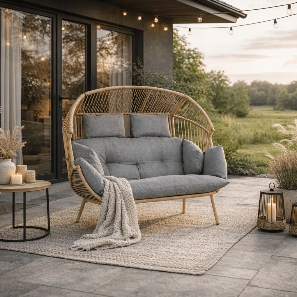 Fotel Ogrodowy KORYNT Dwuosobowy Kokon Szary Nowoczesny Boho