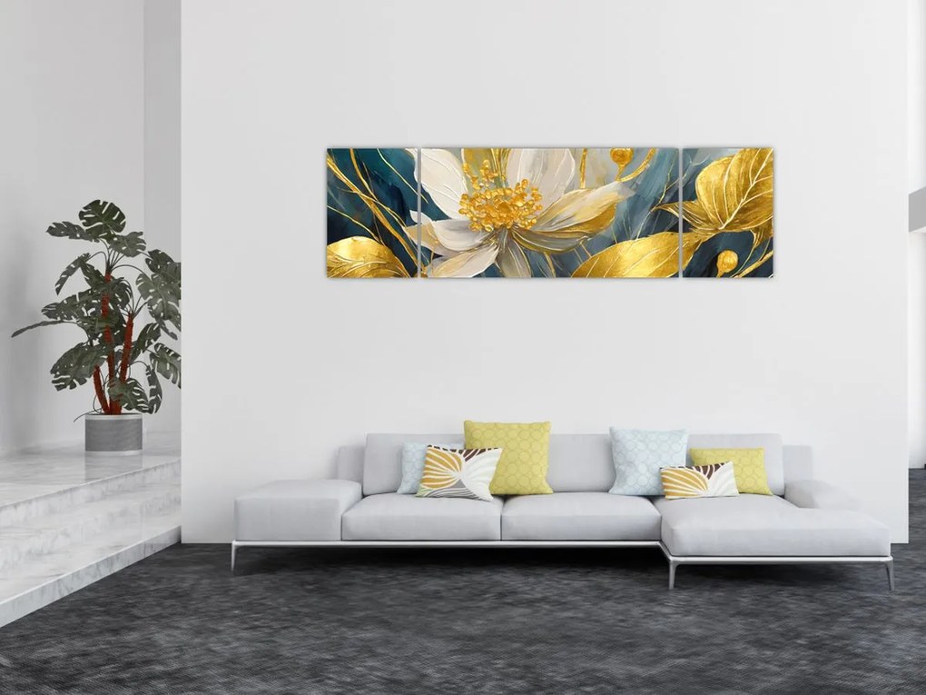 Obraz - Malowanie złotych kwiatów (170x50 cm)