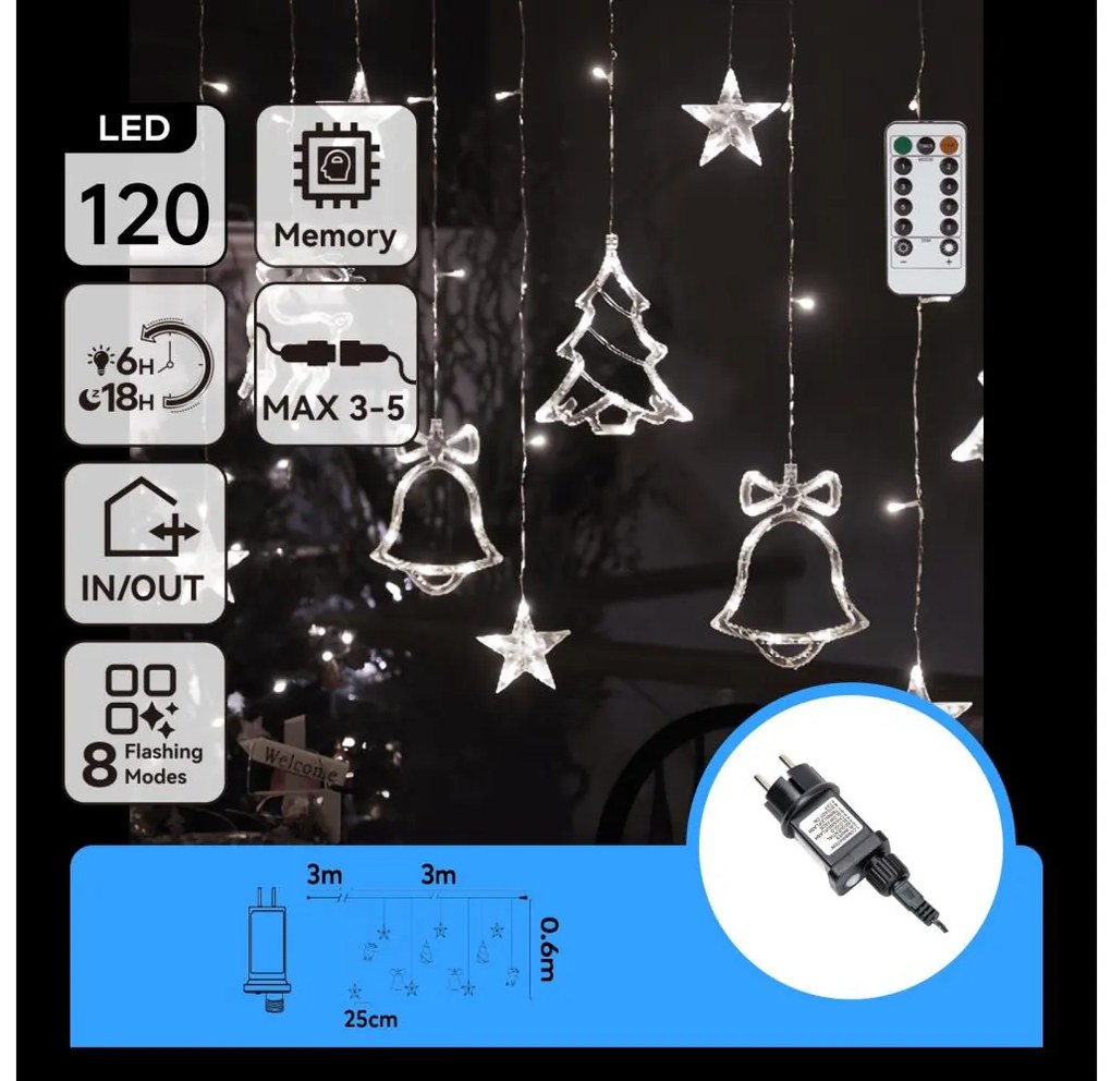 Aigostar - Świąteczny łańcuch świetlny LED do użytku zewnętrznego 120 diod/6W/230V/8 funkcji 3x0,6m IP44 zimna biel+pilot