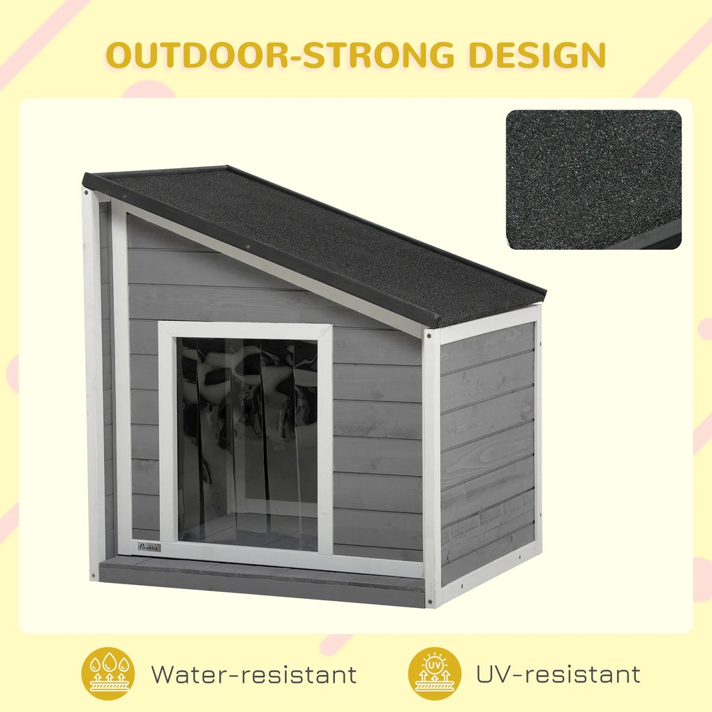 PawHut Domek dla psa z drewna sosnowego, odporny na warunki atmosferyczne, dach asfaltowy, 71 cm x 58 cm x 77 cm, Szary + Biały