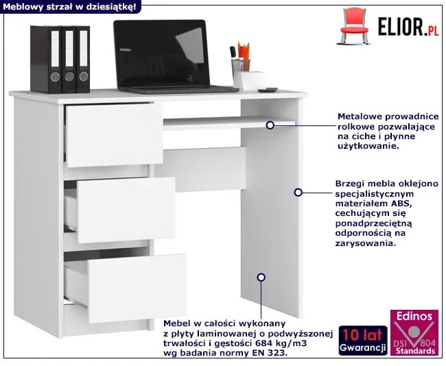 Białe biurko dziecięce, młodzieżowe, z 3 szufladami - Miren 3X