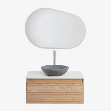 Zestaw Wiszących Mebli Łazienkowych Z Drewna Jesionowego Tedrik Popielaty Brąz & Okrągły Szary Cement Ø40 Cm - Sklum