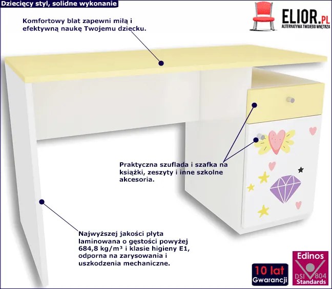 Biało-żółte biurko dla dziecka Lili 3X - 3 kolory