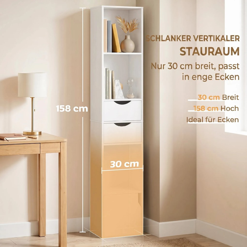 HOMCOM Regał na książki z 2 szufladami, wąska szafka z 3 otwartymi półkami, do biura, sypialni 30x24x158cm Biały | Aosom PL