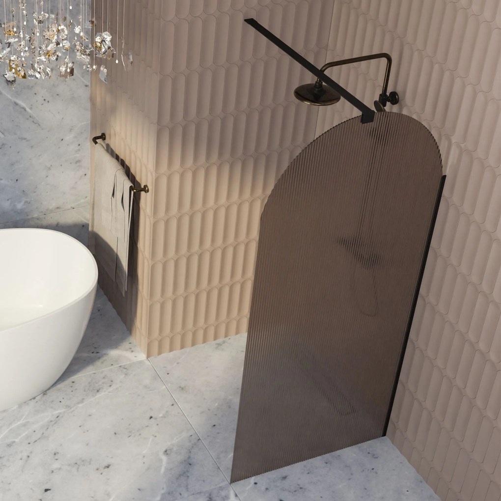 Ścianka prysznicowa WALK IN FIX brązowa półokrągła ryflowana 8mm ARTE WELLE Brown Oval MASSI | Różne rozmiary : Kolor profili kabiny - czarny, Szerokość ścianki - 120 cm, Typ montażu - WALK in FIX (Do ściany)