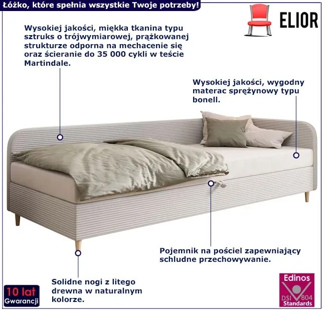 Jasnoszare łóżko prawostronne z pojemnikiem na pościel 90x200 G9-E57