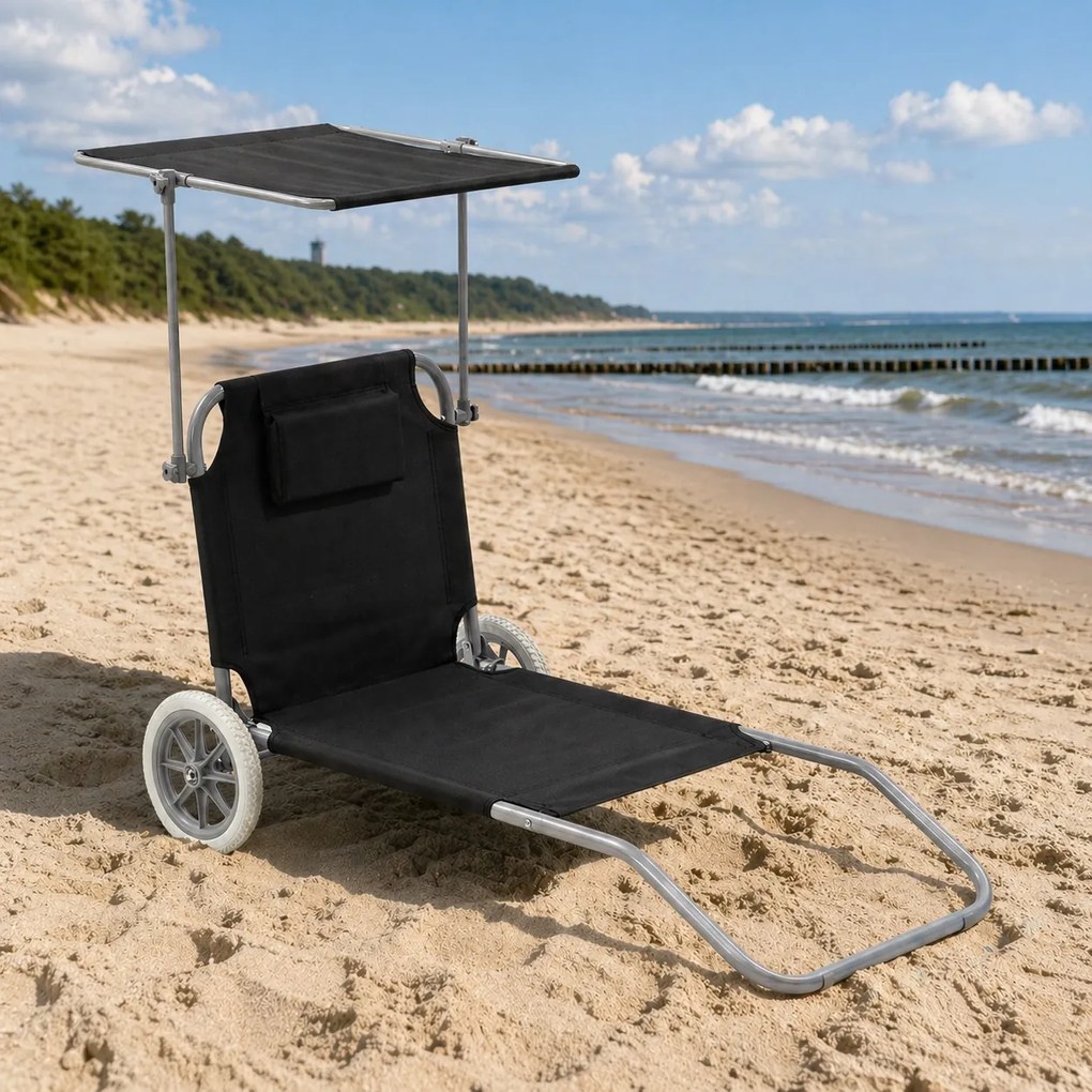 Leżak plażowy Solmare z daszkiem i kołami - składany leżak ogrodowy, czarny