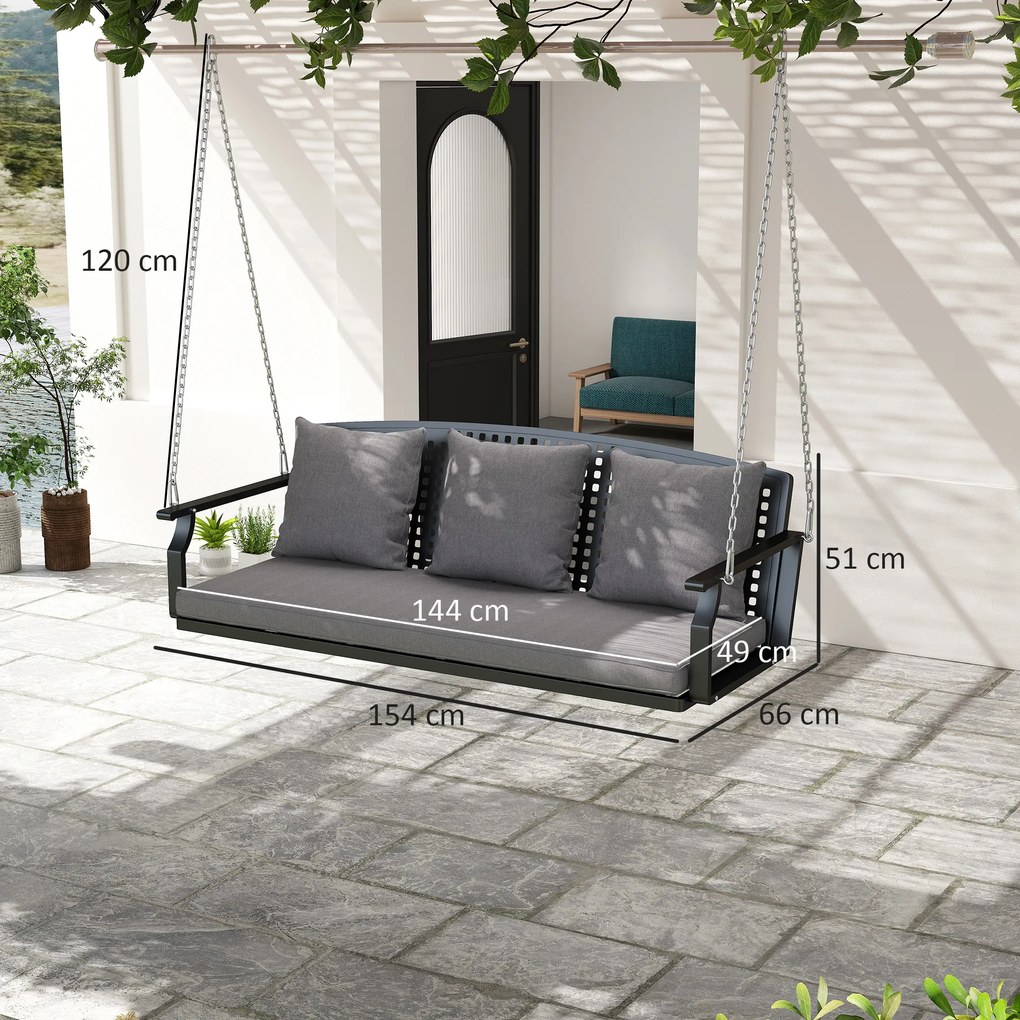 Outsunny 3-osobowa huśtawka na werandę, huśtawka ogrodowa z 3 poduszkami na oparcie, poduszką na siedzenie i zestawem do zawieszenia, szara | Aosom PL