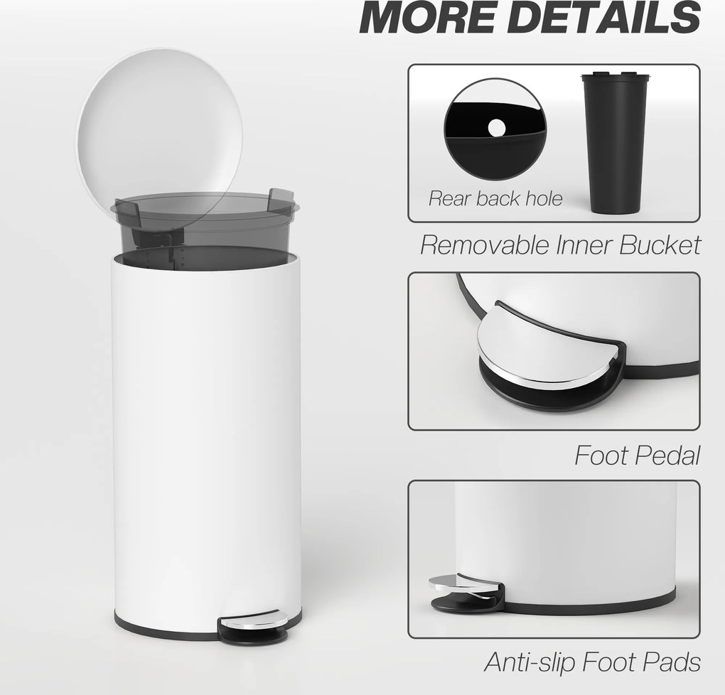 HOMCOM Kosz na Śmieci 30L, z Pedałem, Blokowalna Pokrywka, Odporny na Plamy, Kremowy