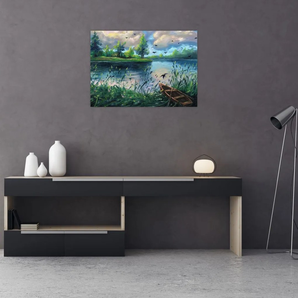 Obraz na szkle - Obraz na szkle olejny, Wczesny letni wieczór nad jeziorem (70x50 cm)