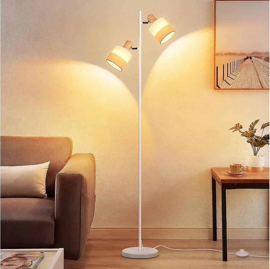 Lampa podłogowa Nettlife Vintage z drewna z 2 żarówkami E14 – styl retro, klosz z materiału, obrotowy, z przełącznikiem nożnym (żarówki nie są dołączone)