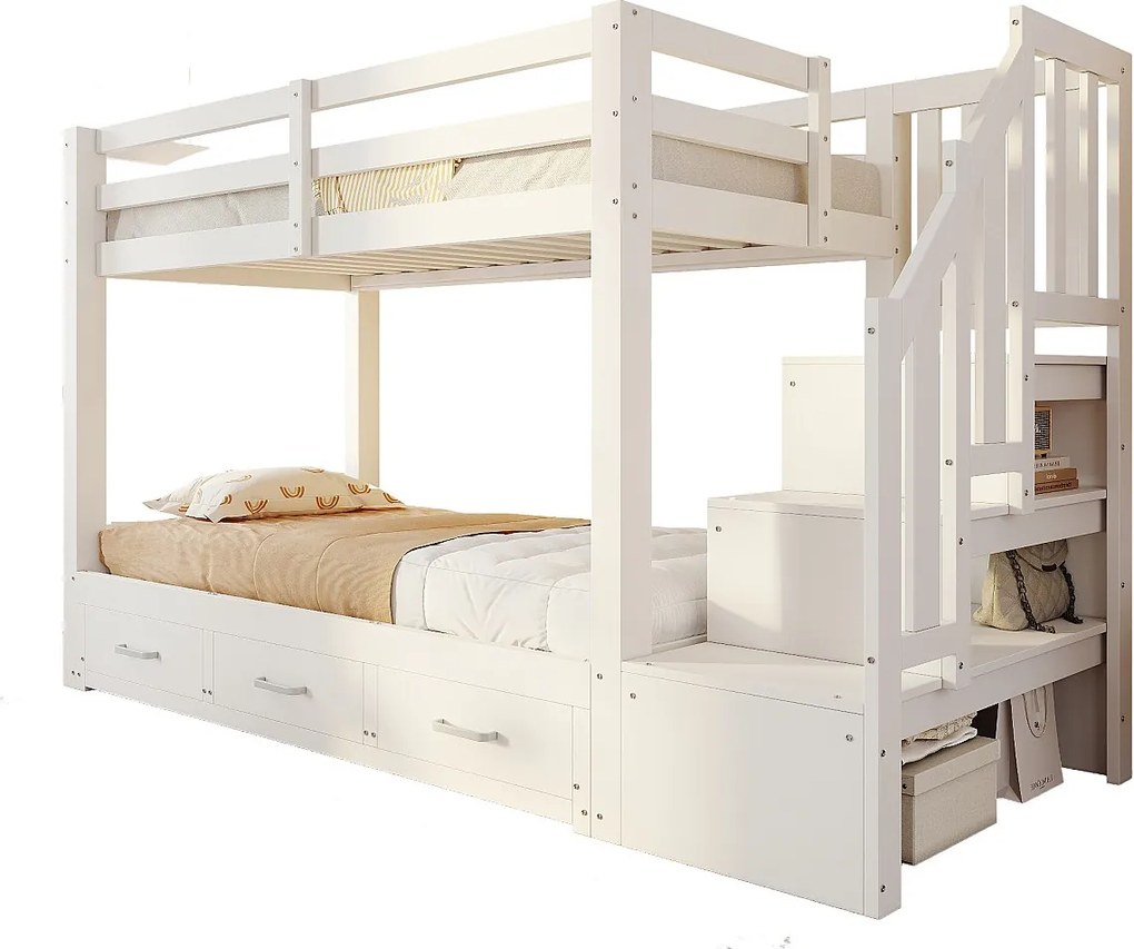 Łóżko piętrowe dla dzieci - 90 x 200 cm - z łóżkiem wysuwanym 90/180 x 190 cm + drabinka + szuflady - drewno - białe