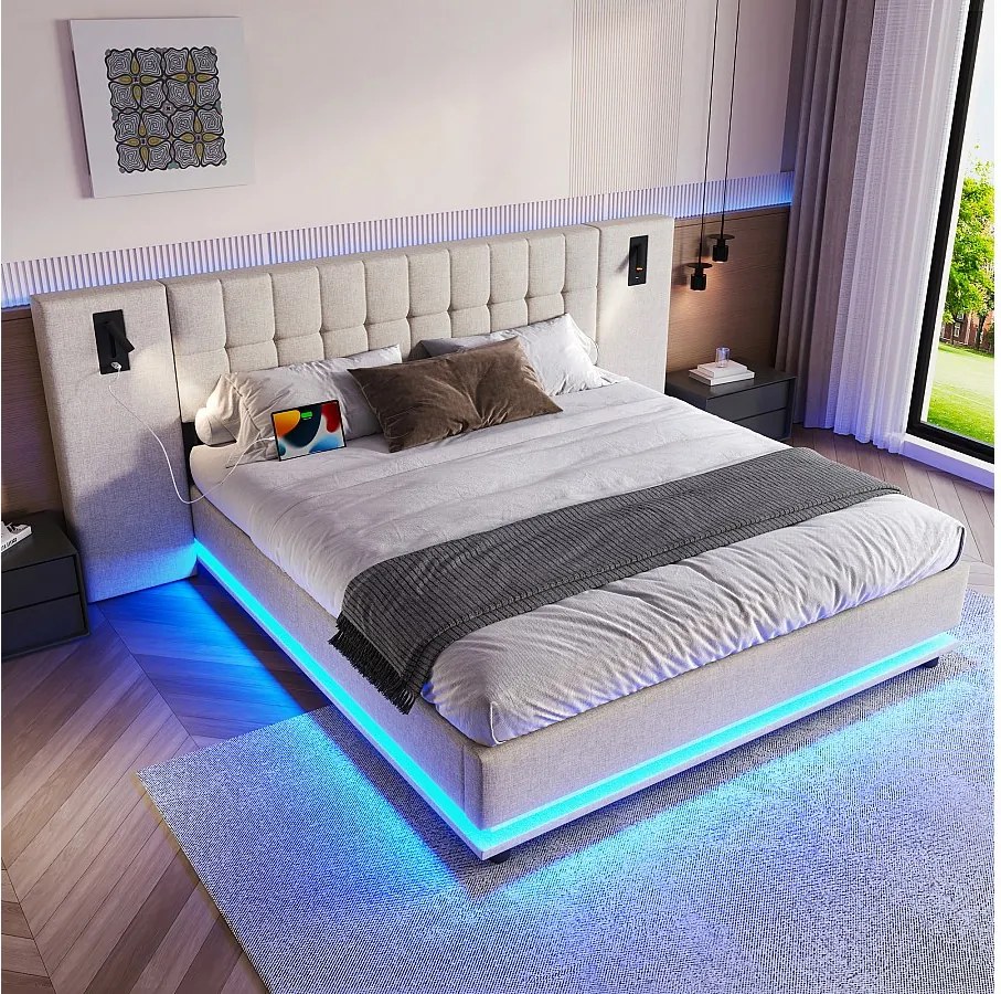 Łóżko dla dorosłych 180x200 cm Łóżko podwójne z listwą świetlną LED i lampką do czytania, USB - Len Beżowy (bez materaca)