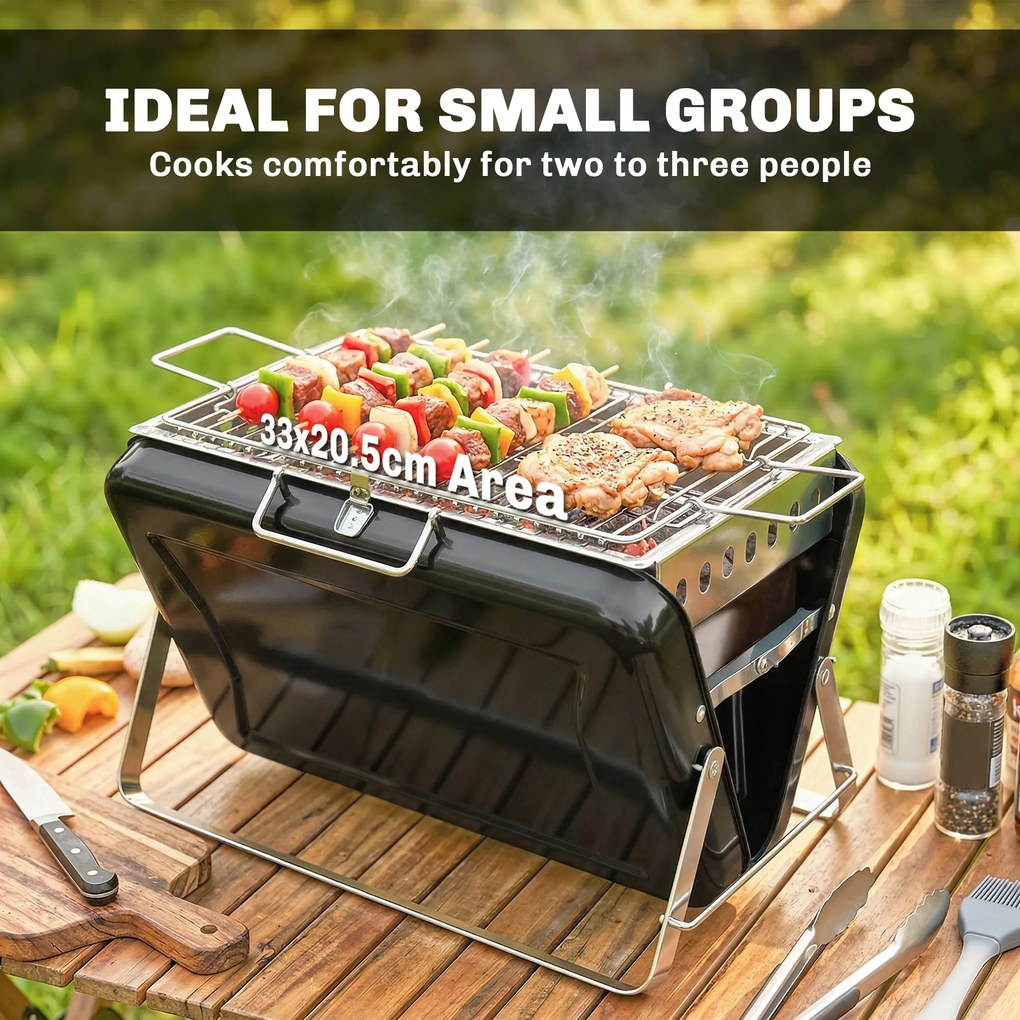 Outsunny Grill na węgiel drzewny ze stali nierdzewnej BBQ Smoker z rusztem, uchwytem, składanymi nogami do grillowania na tarasie, campingu 40x28x25,5 cm czarny | Aosom PL