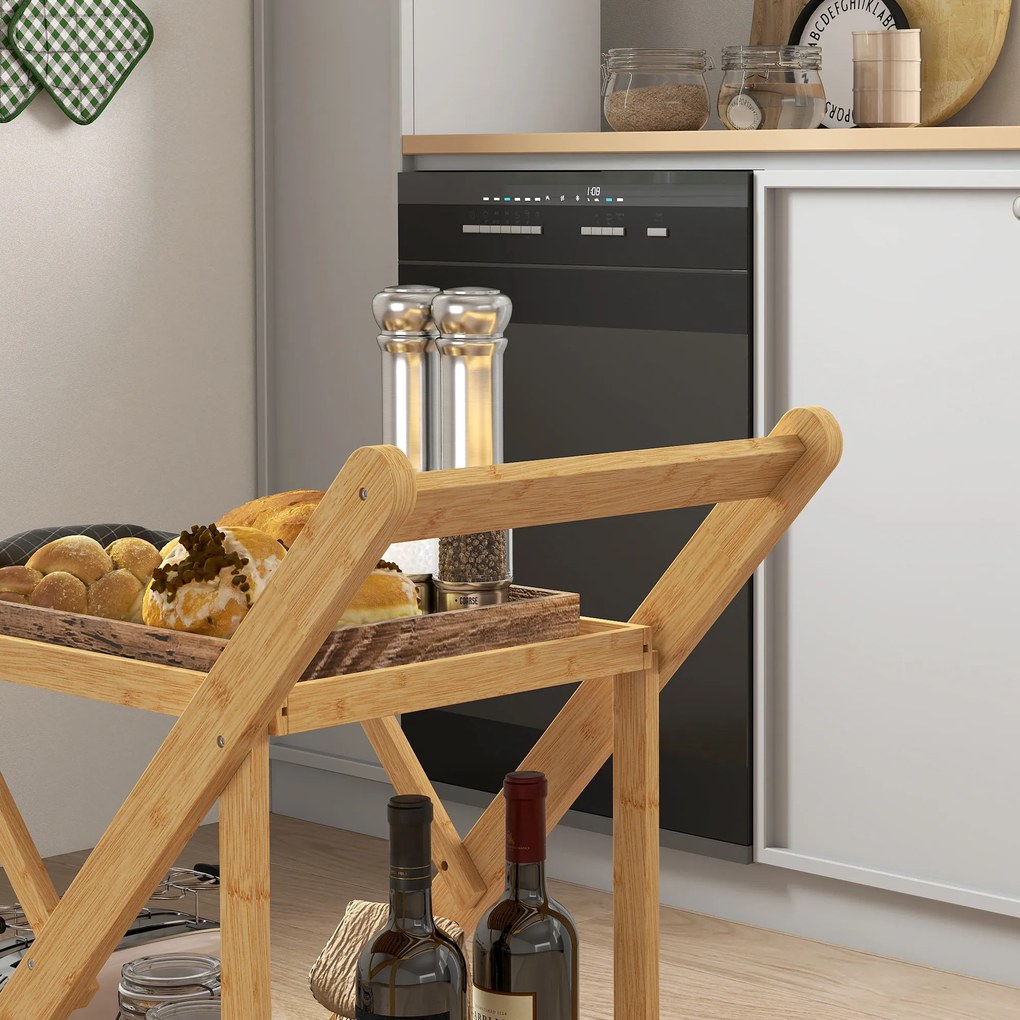 HOMCOM Wózek kuchenny na kółkach, z 3 półkami na wino, 2 tacami, do kuchni, jadalni, drewno bambusowe, jasnobrązowy