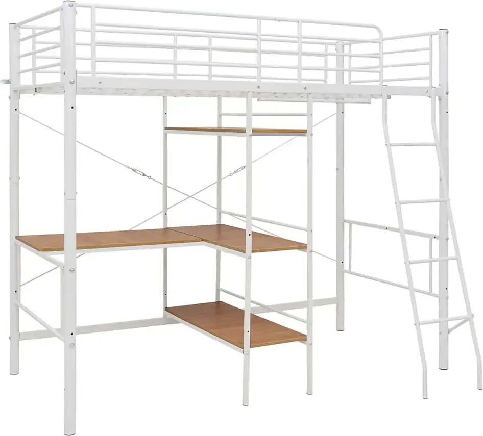 Białe metalowe łóżko z biurkiem i regałem 90x200 cm R7-Z44