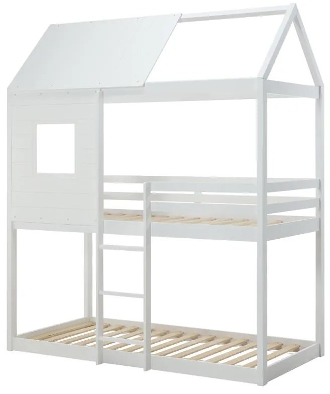 Łóżko piętrowe domek 2 x 90 x 190 cm - Drewno sosnowe i MDF - Biały + Materac - LIDOVARA