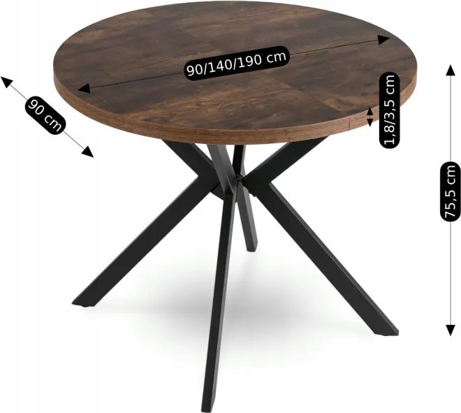 Stół Okrągły Rozkładany LUGO 90-190 cm Dąb Rustykalny/Czarny Loft