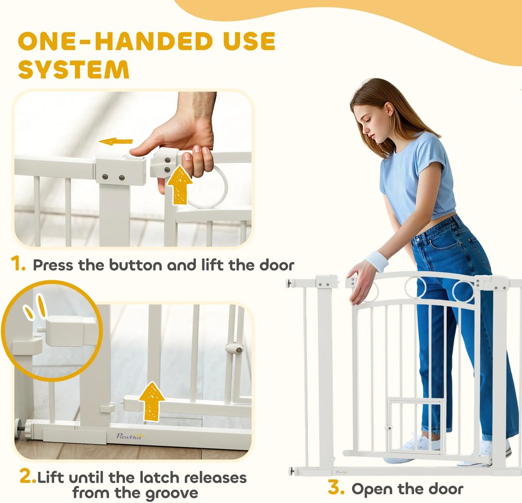 PawHut Bramka zabezpieczająca dla zwierząt, 77 cm, regulowana szerokość 76-104 cm, z drzwiami dla kota, do schodów i drzwi, biały