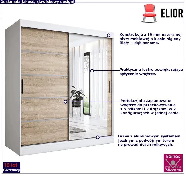 Szafa przesuwna 180 cm biel + dąb sonoma K9-A35