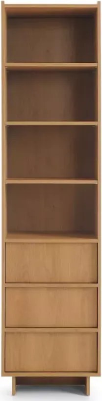 Regał na książki Vabres z szufladami 50x200 cm dąb karmel nowoczesny push-to-open skandynawski stojący 3 półki 3 szuflady