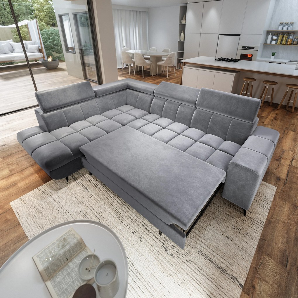 Masseno Narożnik MORIVA z funkcją spania i pojemnikiem na pościel Narozniki L, Rozkładana sofa - Jasnoszary, MONOLITH 84
