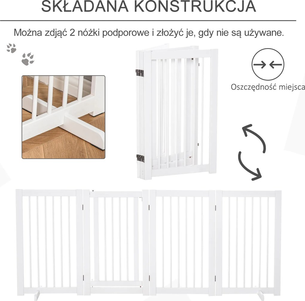 PawHut Bramka Zabezpieczająca dla Psów 4-elementowa, 220 x 91 cm Składana Bramka z Drzwiami, Wolnostojąca, z 2 Podpórkami, Ażurowa, Drewniana, na Korytarz, Kuchnię, Schody, Biała