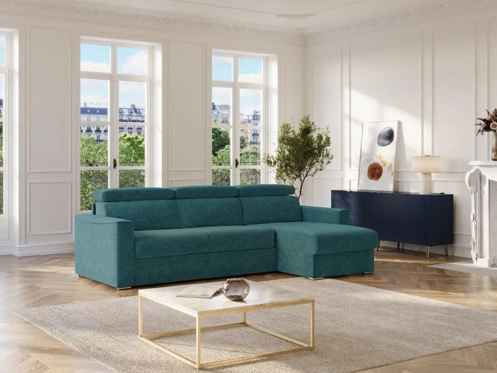 Kanapa narożna dwustronna rozkładana w tkaninie typu szenil w kolorze niebieski turkusowy – Powierzchnia spania 160 cm – Materac 22 cm z pianki memory VIZIR.