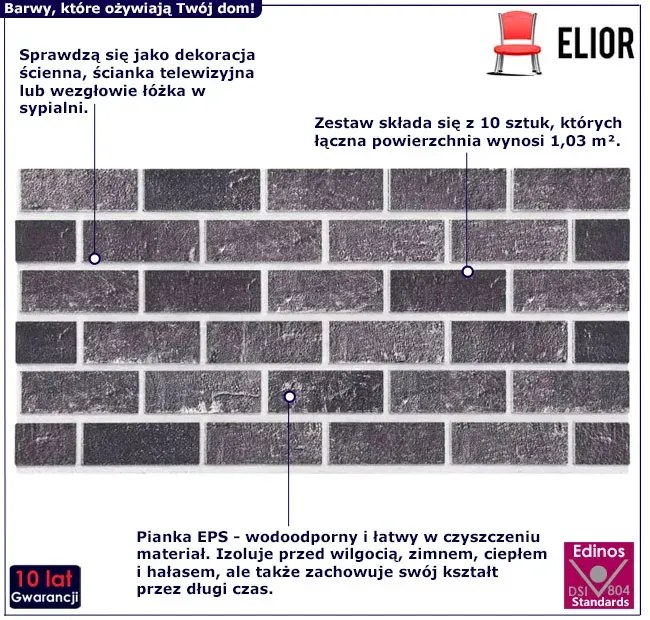 Komplet 10 czarno-szarych paneli ściennych cegła T1-C33