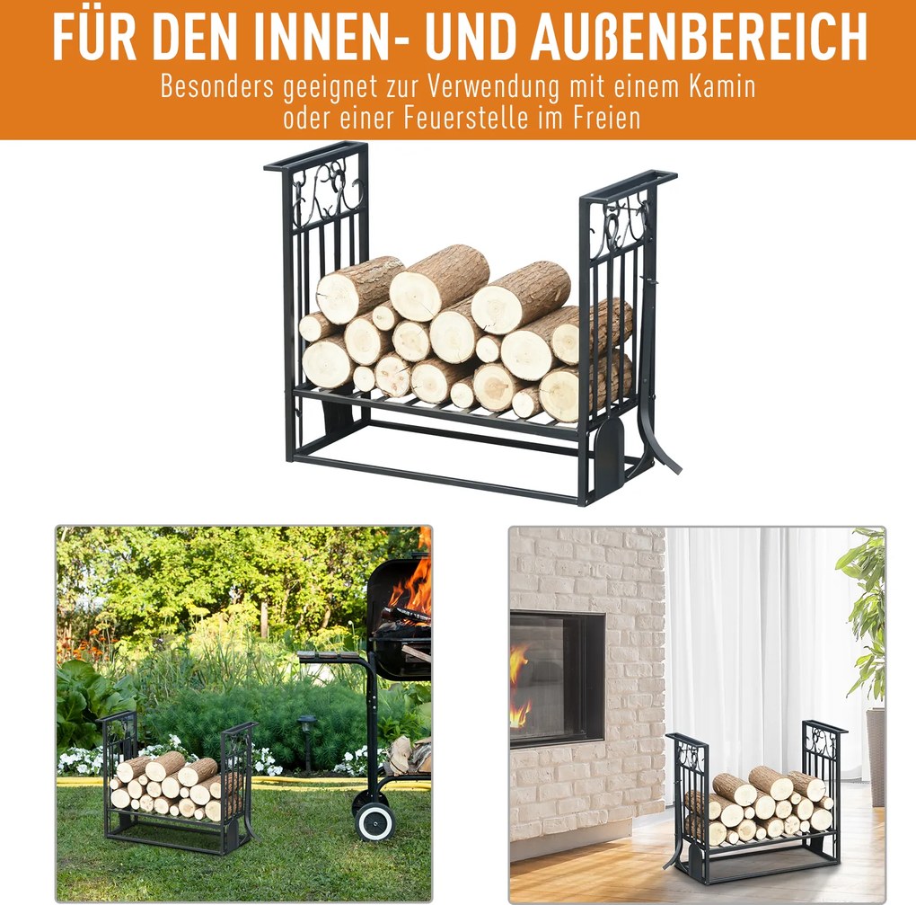 Stojak na drewno kominkowe HOMCOM z akcesoriami, regał na drewno, podstawka na drewno kominkowe, narzędzia kominkowe, Stal Czarny 75 x 30 x 60 cm