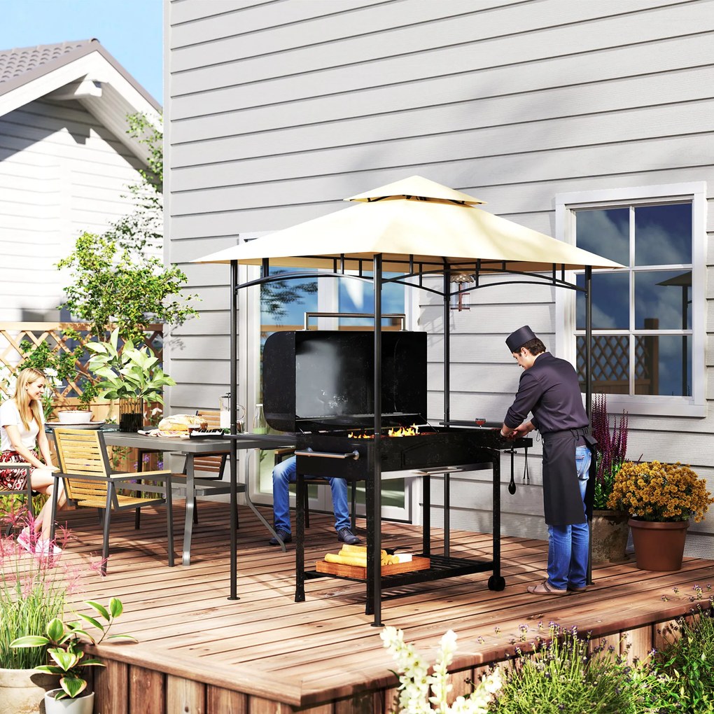 Outsunny Pawilon Grillowy z Oświetleniem LED 240 x 150 x 258 cm Odporny na Wodę i Ogień, Pergola z Podwójną Warstwą Dachu