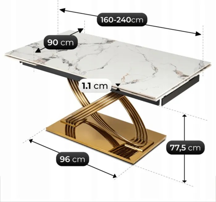 Stół Rozkładany Prostokątny IBIZA 160-240 cm Ceramiczny Biały Marmur/Złoty do Jadalni Nowoczesny Glamour