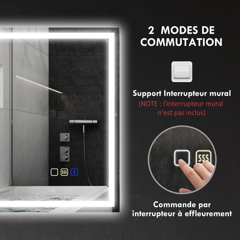 HOMCOM Lustro łazienkowe LED Bluetooth 80 x 100 cm przycisk dotykowy regulowane oświetlenie 3 kolory przeciwmgielne pamięć Srebrny