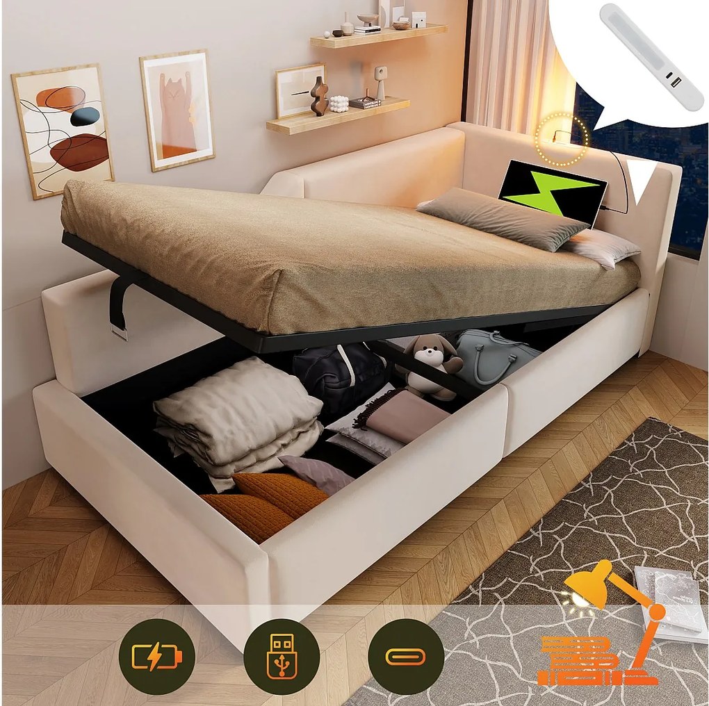 Łóżko z pojemnikiem 90x190 cm - Łóżko dziecięce z lampką do czytania i ładowarką USB - beżowy aksamit - bez materaca
