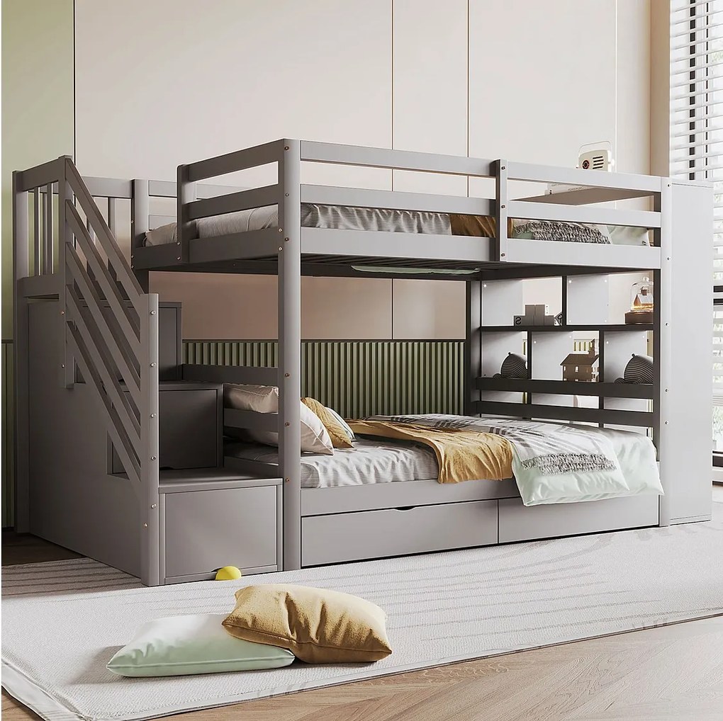 Łóżko piętrowe dla dzieci - 2 x 90 x 200 cm - z drabinką + 2 szuflady + duże schowki - drewno - szare