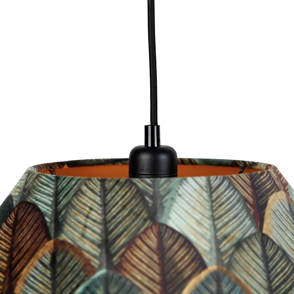 Lampa wisząca czarna z podwójnym aksamitnym abażurem z motywem liści i beżowym kolorem 2-źródła światła - Cava Luxe klasyczny/Antyczny Oswietlenie wewnetrzne