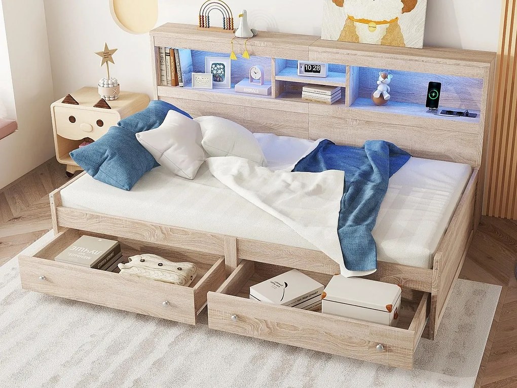 Łóżko banquette 90x200cm - z gniazdem USB i 2 szufladami - stelaż na listwach - Naturalny